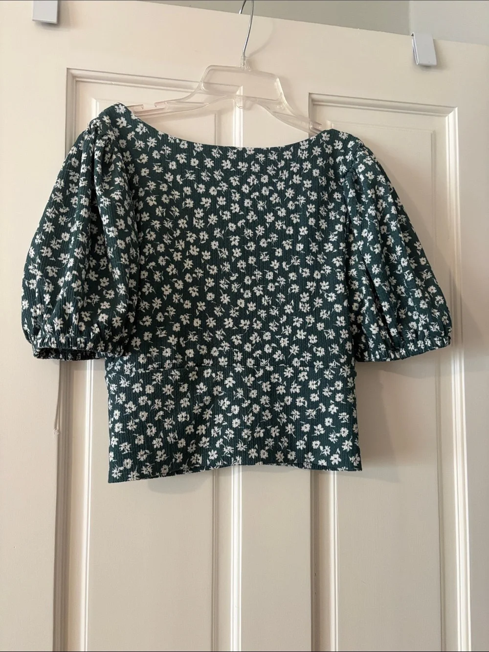 Free People Teal Green Floral Puff-Sleeve Cropped Blouse